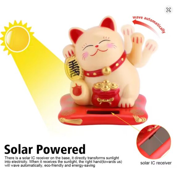 Cute Good Luck Waving Cat; Solar Powered Asian Good Luck Waving Cat Figurine NEW - Picture 4 of 4